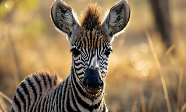 Portrait of a Young Zebra Foal in African Savanna at Sunset