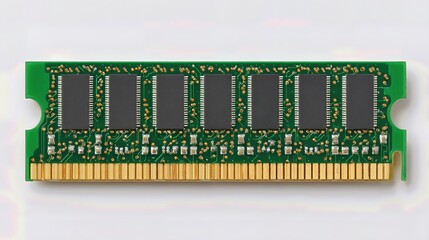 A random access memory (RAM) module is isolated on a white background, showcasing the sleek design and circuitry of this essential computer hardware component.
A random access memory (RAM) module is i