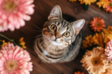 Tabby cat looks up, surrounded by pink, orange, and yellow flowers on a wooden surface