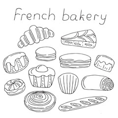 French bakery set, hand drawing, vector illustration