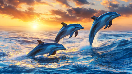 Fototapeta premium Three Dolphins Jumping At Sunrise
