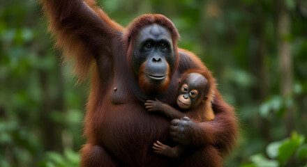 Fototapeta premium Orangutan Mother with Baby Holding Embrace