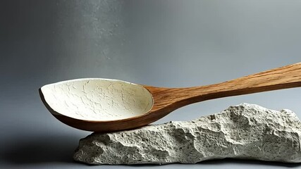 A beautifully crafted wooden spoon resting on a textured stone, showcasing artisanal design