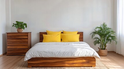 Morning light streams into a modern bedroom with simple decor, highlighting the natural wood tones and cozy yellow accents in a peaceful, airy environment.
