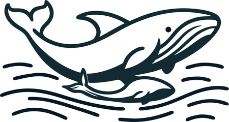Obraz premium Vector line art of whale dolphins swimming through calm water, simple smooth lines