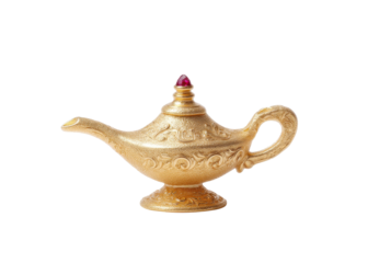 Golden lamp isolated on transparent background, wish, magic, genie.