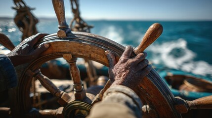 Mediterranean sailing tradition. Steering a ship at sea with hands on the wheel, waves in the background.