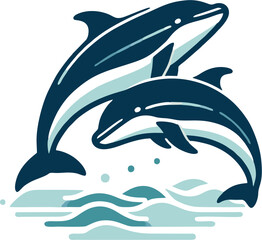 Two whale dolphins leaping together, minimalist style, clean lines, flat colors, smooth simple shapes