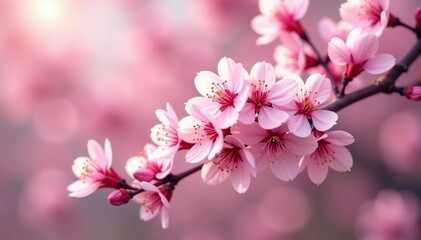 Obraz premium Densely packed blossoming cherry branches, soft pink petals , illustration, floral
