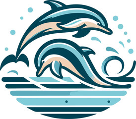 Two dolphins swimming and leaping in a pool, minimalist vector art