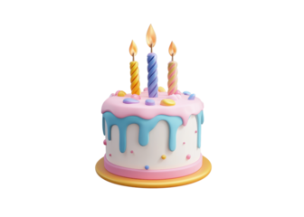 Stylized birthday cake with colorful frosting, sprinkles, and three lit candles isolated on transparent background. Celebration, Party, Dessert.