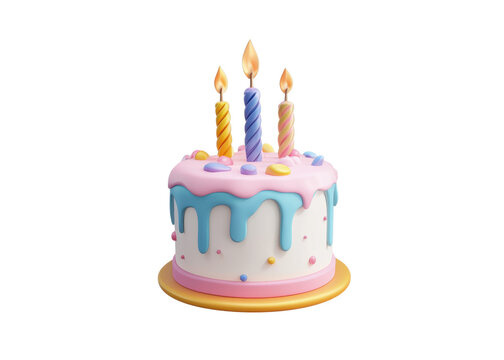 Stylized birthday cake with colorful frosting, sprinkles, and three lit candles isolated on transparent background. Celebration, Party, Dessert.