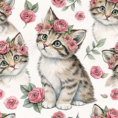Seamless watercolor design of cat with tropical green palm leaf and flowers white background