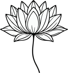 Simple outline drawing of a white lotus flower, thin clean black lines on a white background