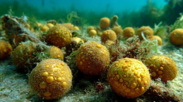 Underwater close-up of yellow valonia ventricosa marine algae spheres in natural habitat surrounded by green algae and sediment.