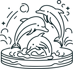 Simple line art of dolphins in a pool, very few details, smooth flowing lines