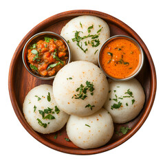 Idli with chutney, top view isolated on a transparent background 