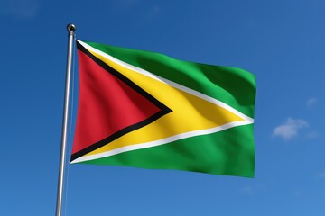 Guyana national flag waving in blue sky