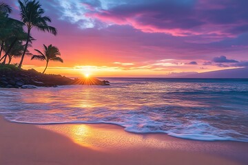 Vibrant Hawaiian Beach at Sunset with Golden Sand and Calm Ocean