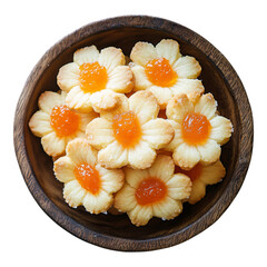 Photo of homemade Apricot Cookies, with a small, flaky surface, shaped like flower petals and filled with orange-colored apricot jam in the center