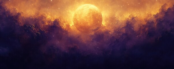 Obraz premium A celestial orb bathed in warm hues among swirling clouds.
