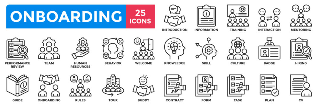 Onboarding icon collection set. Containing hiring, welcome, introduction, training, interaction, mentoring, performance review icon. Simple line vector illustration.