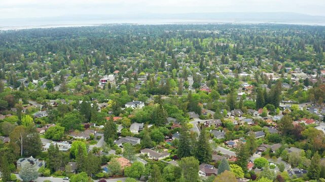 Aerial wide shot of Menlo Park California Bay Area California suburban homes 