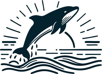 Silhouette of a whale dolphin leaping above calm waves