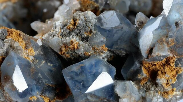 Detailed macro image showcasing blue celestite crystals with sharp geometric shapes, set amidst a matrix of gray rock and ochre inclusions