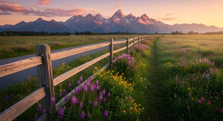 Fototapeta premium Serene Sunrise Over the Teton Range: A Wildflower Meadow Path