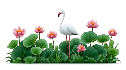Serene Flamingo Amidst Pink Lotuses and Lush Greenery