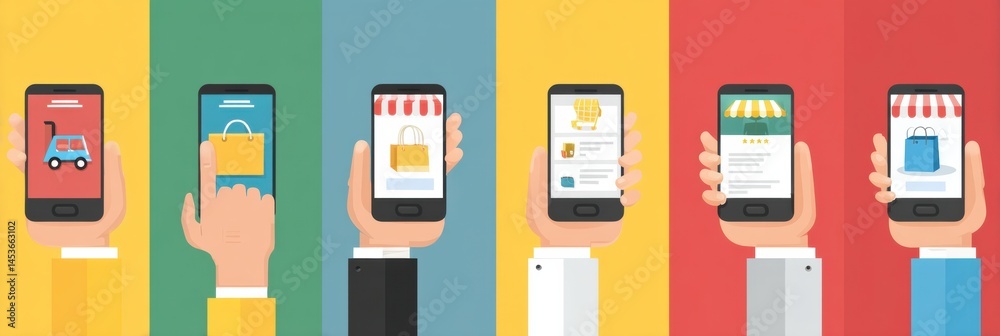 Aufkleber Hand Using Mobile App to Place an Online Order in Colorful Flat Design Layout Showing Various Shopping Options and Interactions Generative AI