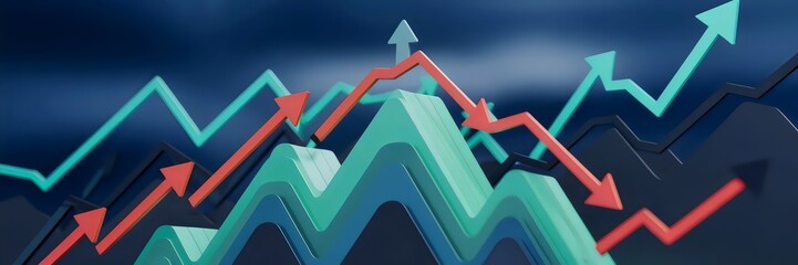 3D render of fluctuating financial chart with arrows pointing up and down in mountain shape – Ideal for financial analysis, investment strategies, or market trend visuals.