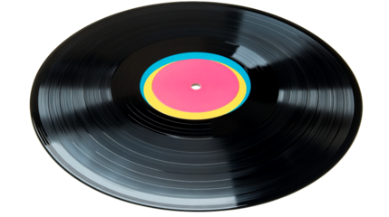 Black Vinyl Record with Colorful Label, cut out transparent