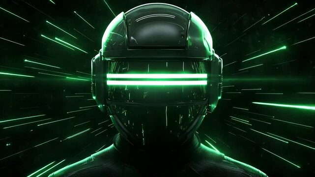 Futuristic helmet with glowing green visor against a dark, streaking background