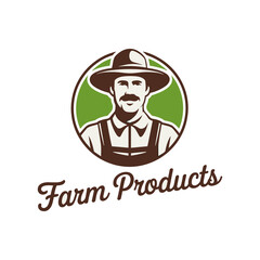 Cheerful Cartoon Farmer Character Portrait with Mustache and 