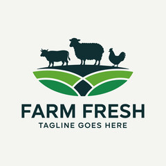 Silhouettes of Farm Animals (Cow, Sheep, Chicken) on Green Hills with 