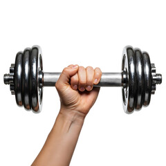 A hand is shown gripping a heavy, adjustable dumbbell against a transparent background.