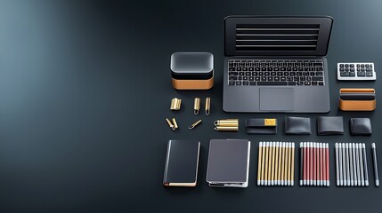 Sleek workspace featuring a laptop and organized stationery on a minimalist black desk