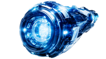Complex, futuristic device with bright blue light effect, cut out transparent