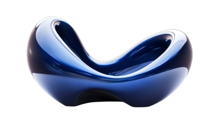 Abstract glossy blue sculpture, modern form, cut out transparent