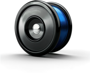 A high-contrast image shows a glossy, dark spool filled with neatly wound, bright blue material.