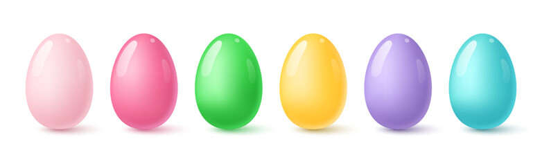 Set of simple colorful Easter eggs. Smooth shiny multicolored eggs with highlights and shadows. Vector 3D illustration.