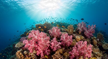 Naklejka premium Vibrant Underwater Coral Reef Ecosystem: A Stunning Display of Marine Life and Colorful Coral Formations in a Tropical Ocean