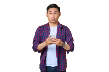 Shocked young Asian man in plaid shirt using mobile phone typing SMS message isolated on transparent background