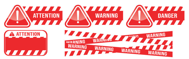 Warning vector signs. Attention sign, warning sign, caution sign, danger sign. Exclamation mark. Yellow warning caution sign text space area message box sticker label object goods commodity