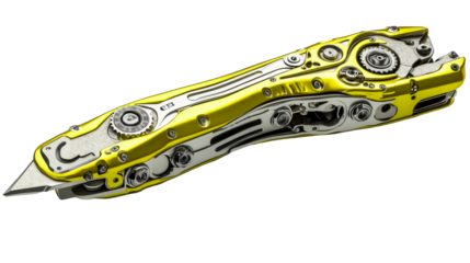 Utility knife with yellow and metallic finish, cut out transparent
