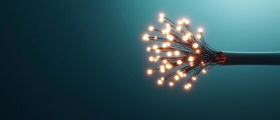 Glowing fiber optic cable with light strands on gradient teal backdrop