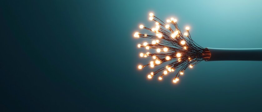 Glowing fiber optic cable with light strands on gradient teal backdrop - Powered by Adobe