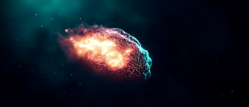 Glowing fiery entity amidst a dark, starlit, teal space background